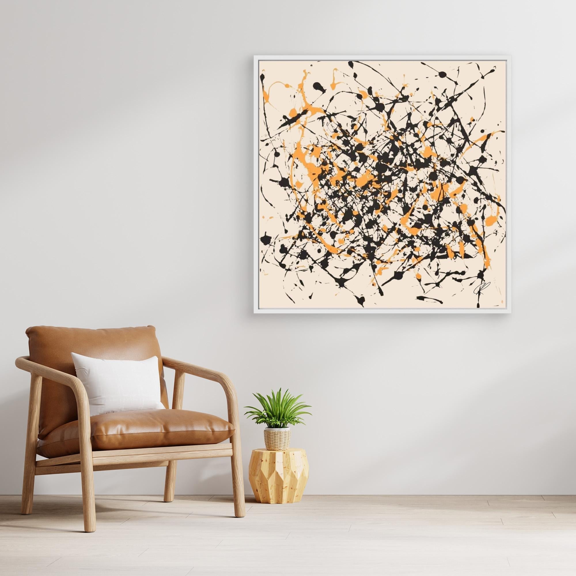 Canvas Print: Controlled Chaos – Abstract Drip Splatter Art modern abstract canvas wall art by Rossetti Art – luxury interior design artwork for living room, bedroom, office – Abstract Drip Art Black and Orange Splatter Canvas Expressionist Wall Art