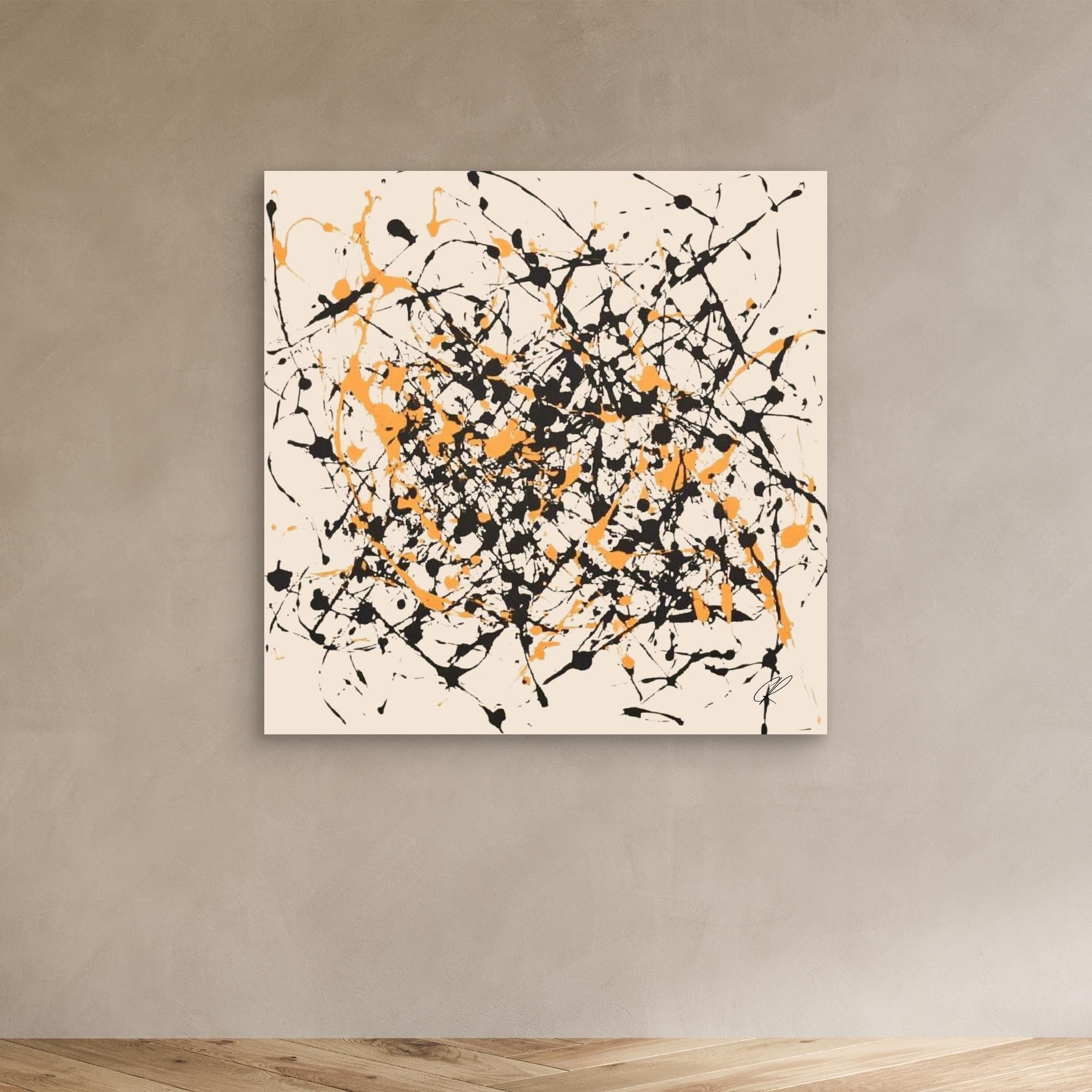 Canvas Print: Controlled Chaos – Abstract Drip Splatter Art modern abstract canvas wall art by Rossetti Art – luxury interior design artwork for living room, bedroom, office – Abstract Drip Art Black and Orange Splatter Canvas Expressionist Wall Art