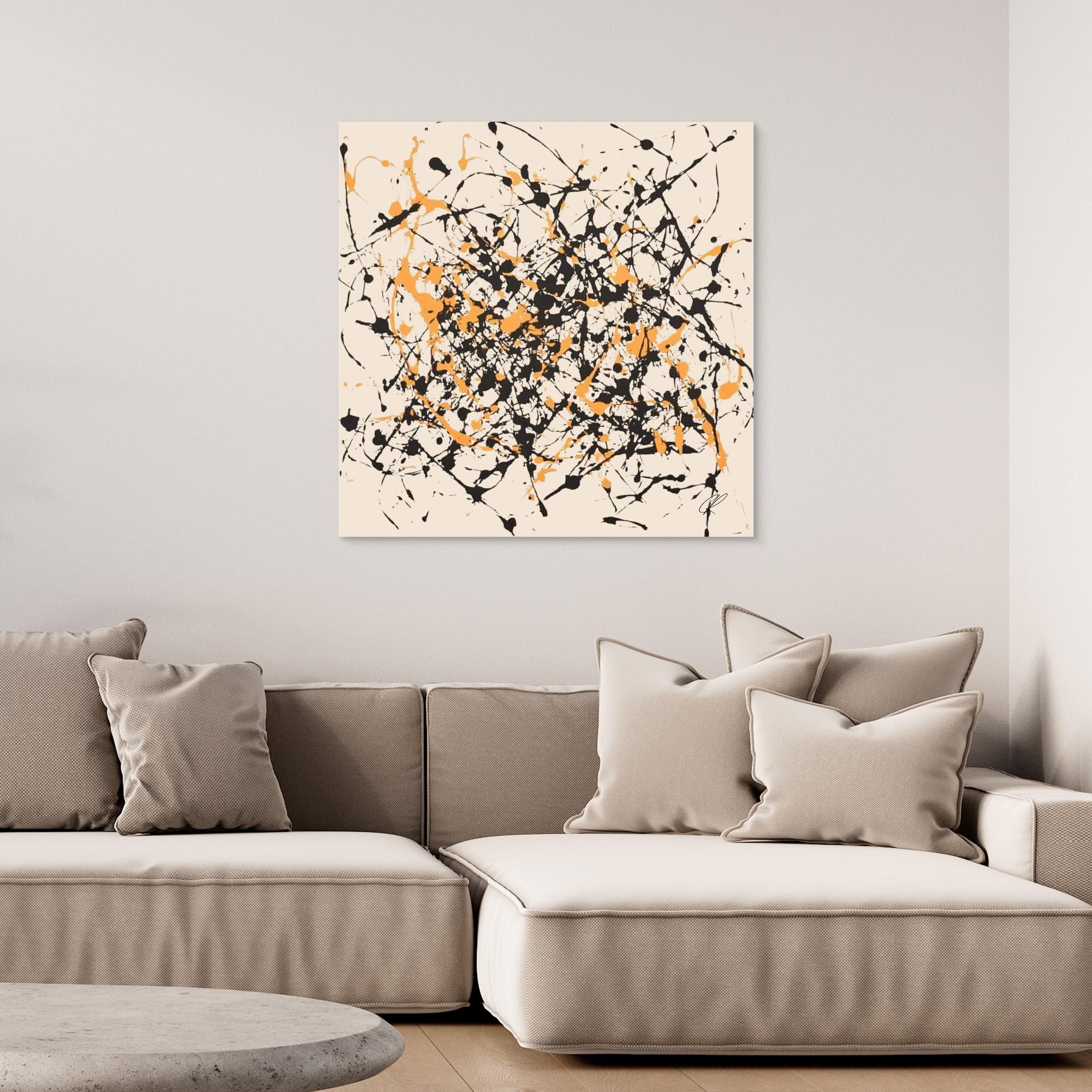 Canvas Print: Controlled Chaos – Abstract Drip Splatter Art modern abstract canvas wall art by Rossetti Art – luxury interior design artwork for living room, bedroom, office – Abstract Drip Art Black and Orange Splatter Canvas Expressionist Wall Art