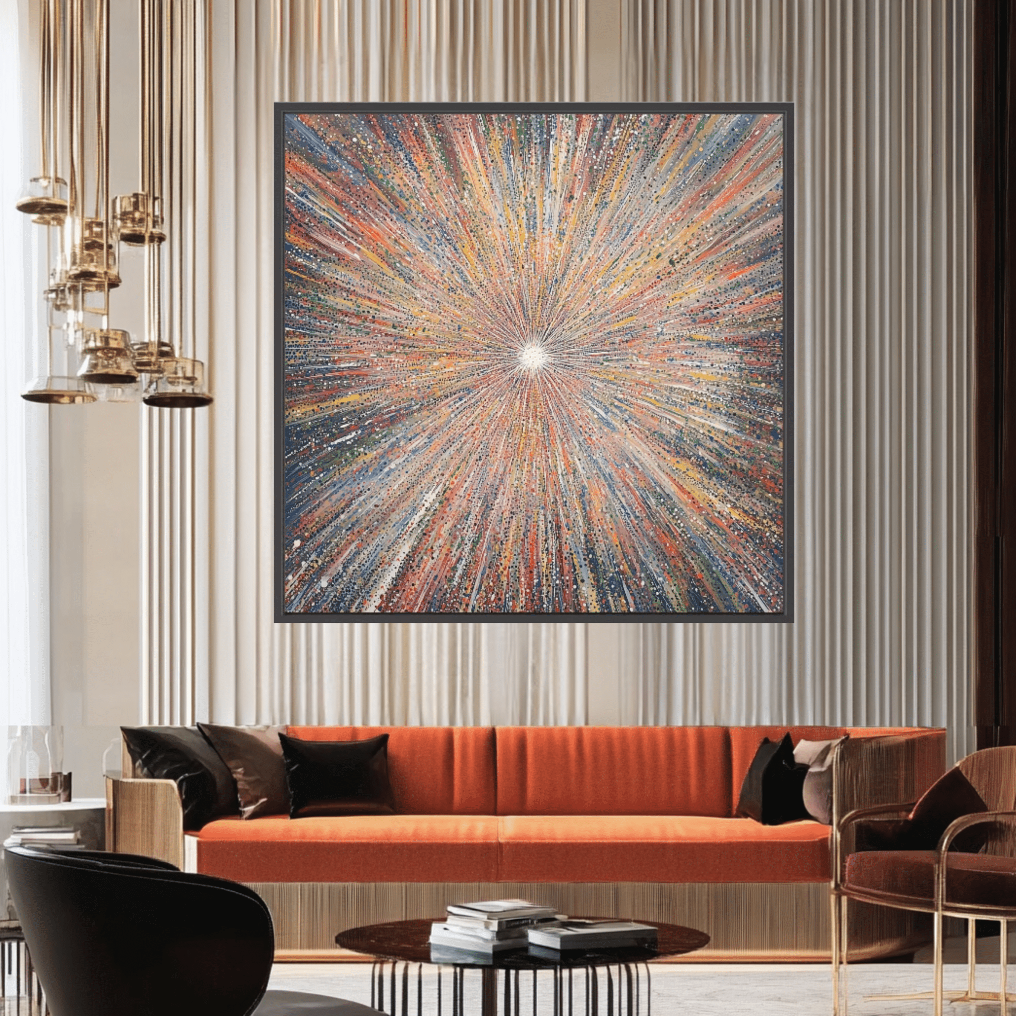 Canvas Print: "Cosmic Radiance Explosion" - Colorful Contemporary Wall Art modern abstract canvas wall art by Rossetti Art – luxury interior design artwork for living room, bedroom, office – Contemporary Art for Sale contemporary art piece Contemporary art print