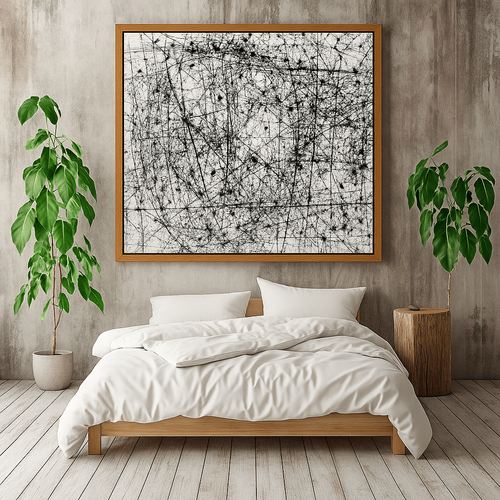 Canvas Print: "Cosmic Web" – Abstract Particle Physics Line Art in Monochrome modern abstract canvas wall art by Rossetti Art – luxury interior design artwork for living room, bedroom, office – Black And White Art Black and white artwork black and white canvas