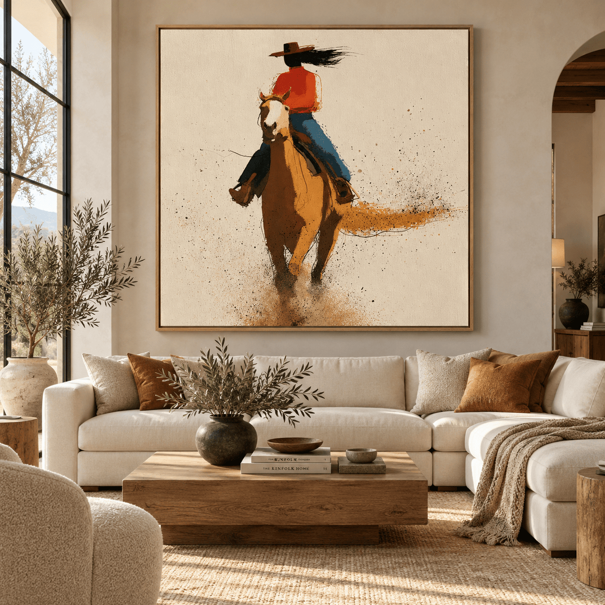 Cowgirl art above a cream sofa in a warm living room – Dust Rider by Rossetti Art