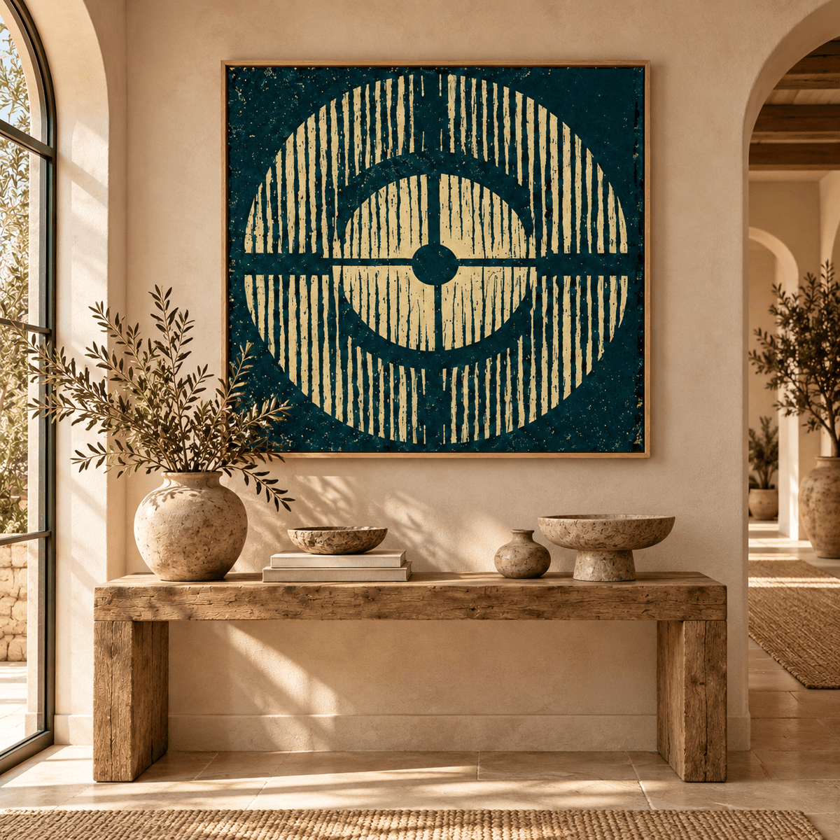 Close-up of the textured cream and charcoal-teal print and oak floater frame corner on Radiant Echo canvas print