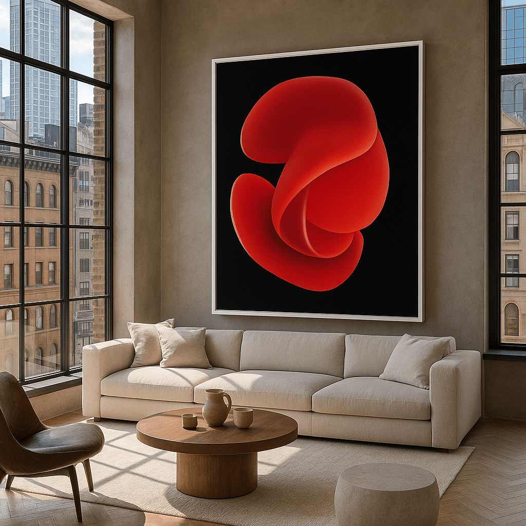 Canvas Print: "Crimson Essence Bloom" - Abstract Floral Art modern abstract canvas wall art by Rossetti Art – luxury interior design artwork for living room, bedroom, office – Bold floral canvas bold floral portrait contemporary floral decor