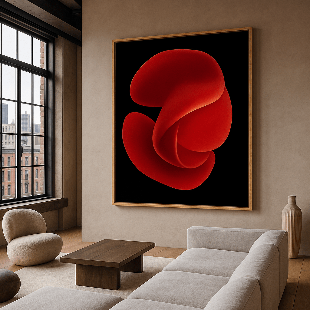 Canvas Print: "Crimson Essence Bloom" - Abstract Floral Art modern abstract canvas wall art by Rossetti Art – luxury interior design artwork for living room, bedroom, office – Bold floral canvas bold floral portrait contemporary floral decor