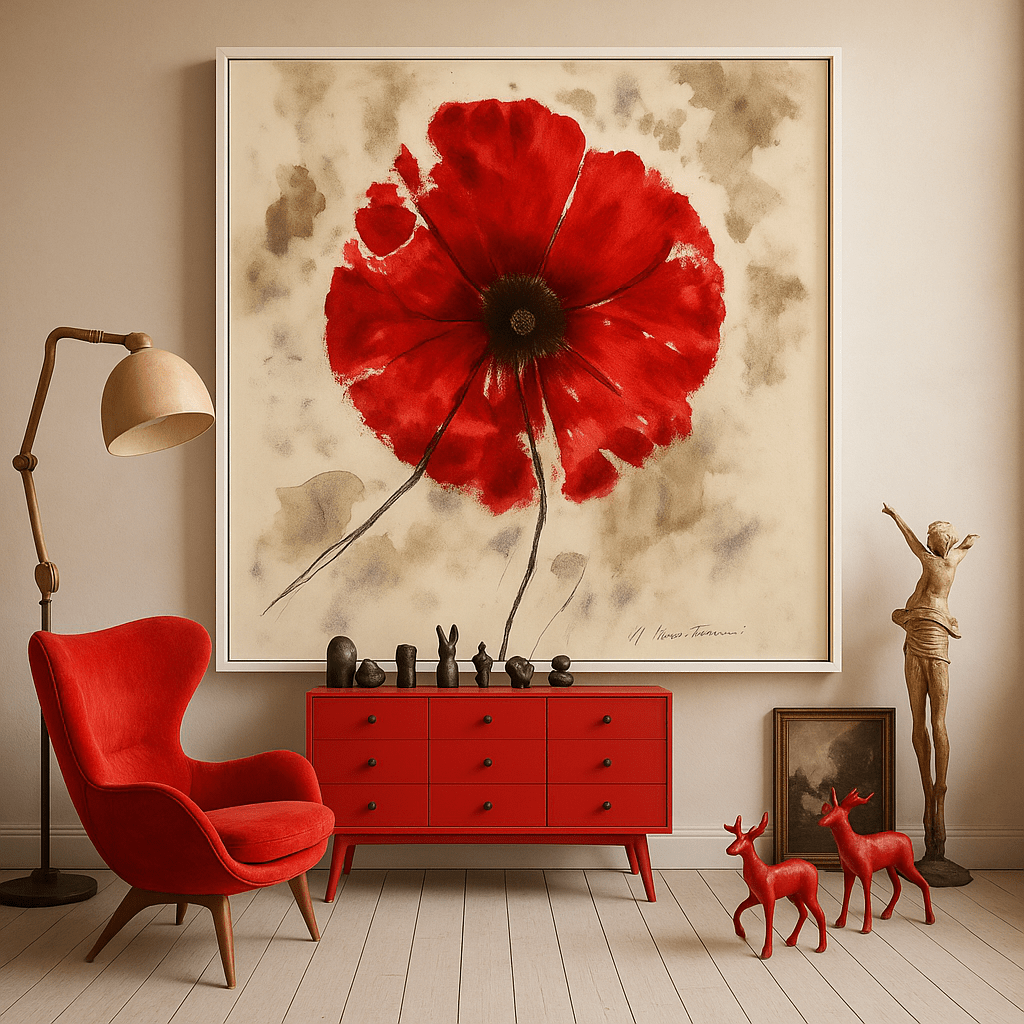 Canvas Print : Crimson Whisper - Minimalist Botanical Wall Art modern abstract canvas wall art by Rossetti Art – luxury interior design artwork for living room, bedroom, office – Bold Flower Poster Botanical Art Print Contemporary Art for Sale