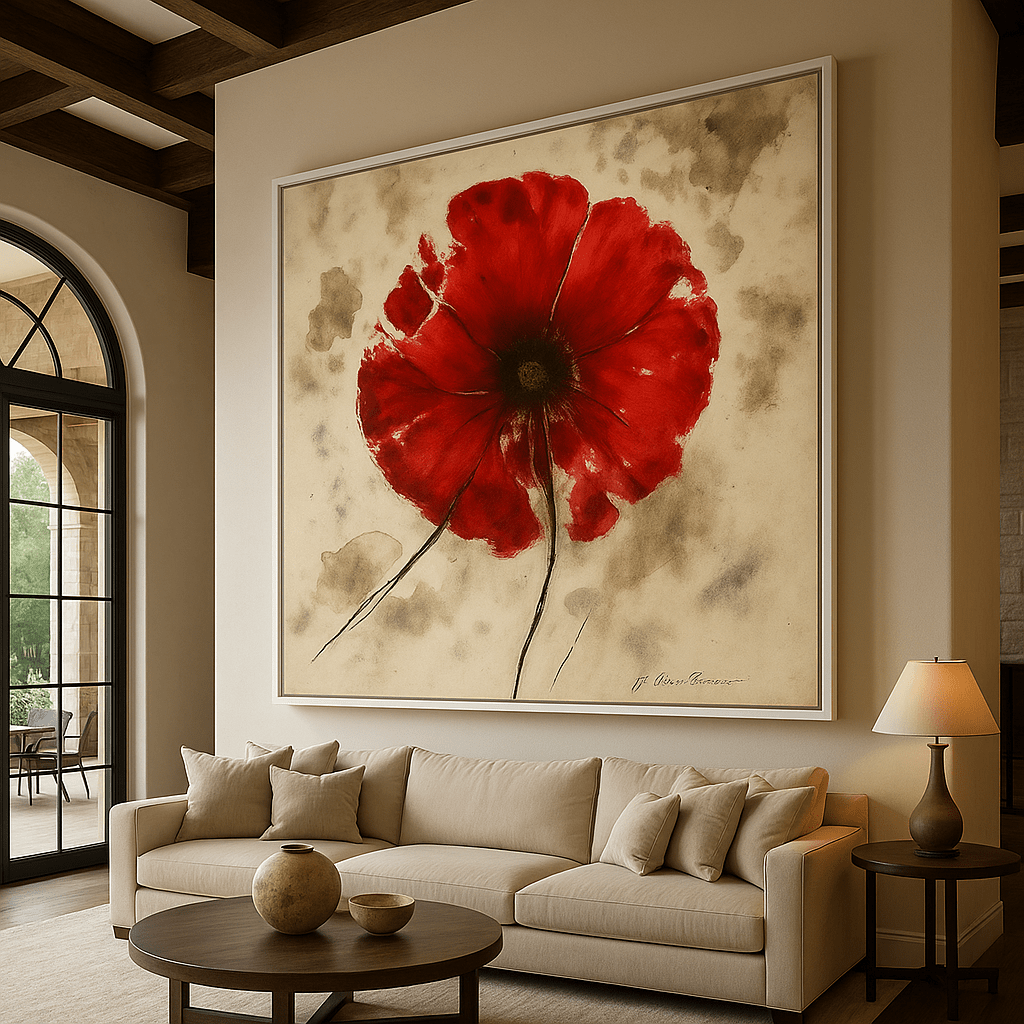 Canvas Print : Crimson Whisper - Minimalist Botanical Wall Art modern abstract canvas wall art by Rossetti Art – luxury interior design artwork for living room, bedroom, office – Bold Flower Poster Botanical Art Print Contemporary Art for Sale