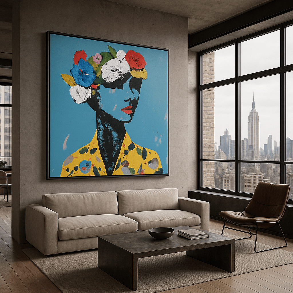 Canvas Print : "Crowned in Color" - Abstract Portrait Art Print modern abstract canvas wall art by Rossetti Art – luxury interior design artwork for living room, bedroom, office – abstract figure print Contemporary Portrait Decor Floral Abstract Portrait Art