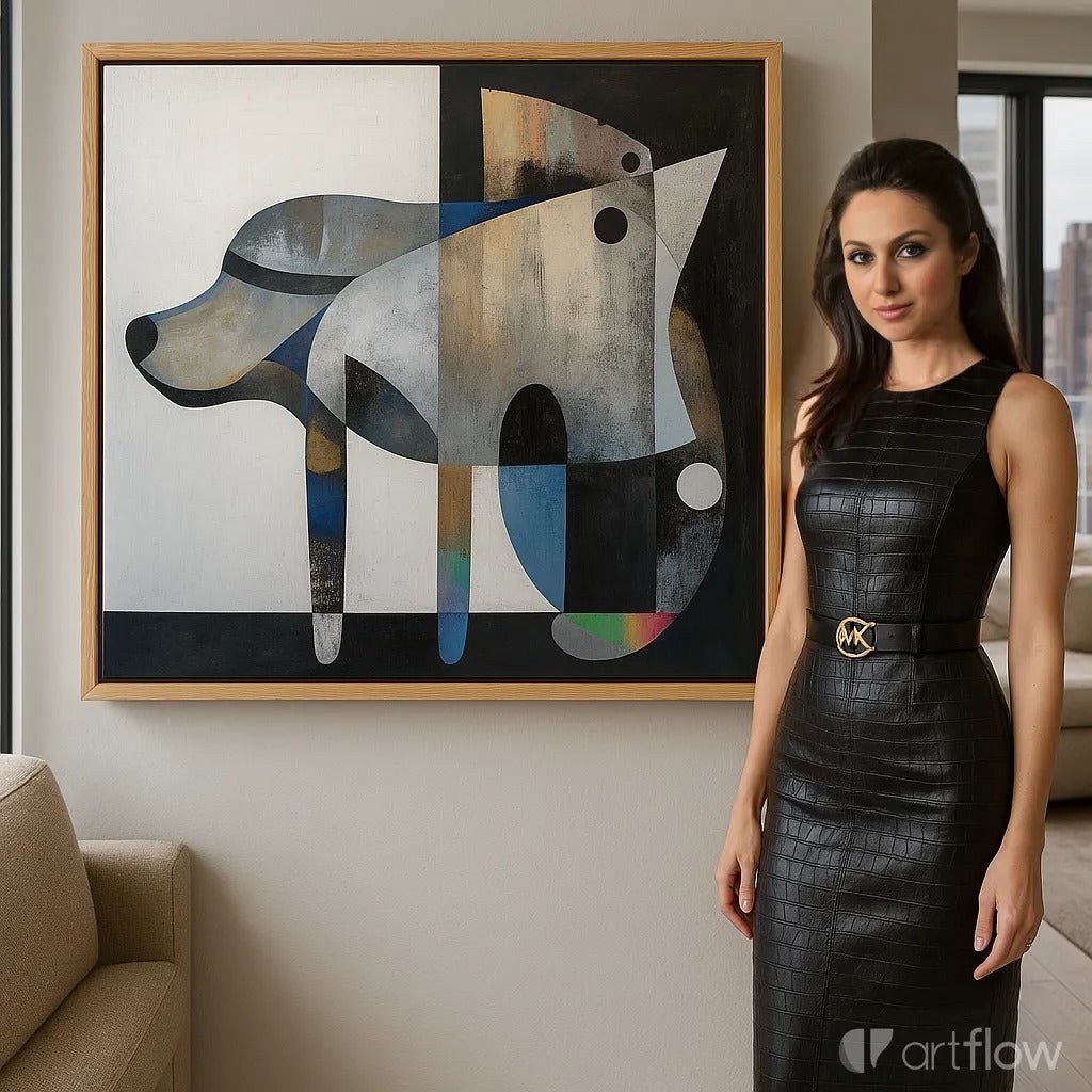 Canvas Print : Cubist Canine Symphony | Geometric Abstract Wall Art modern abstract canvas wall art by Rossetti Art – luxury interior design artwork for living room, bedroom, office – abstract geometric painting abstract home decor. cubism - inspired wall print