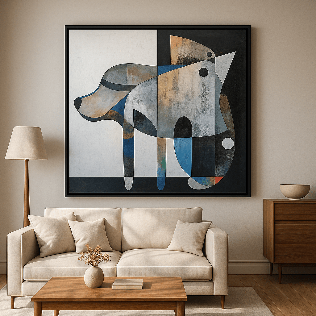 Canvas Print : Cubist Canine Symphony | Geometric Abstract Wall Art modern abstract canvas wall art by Rossetti Art – luxury interior design artwork for living room, bedroom, office – abstract geometric painting abstract home decor. cubism - inspired wall print
