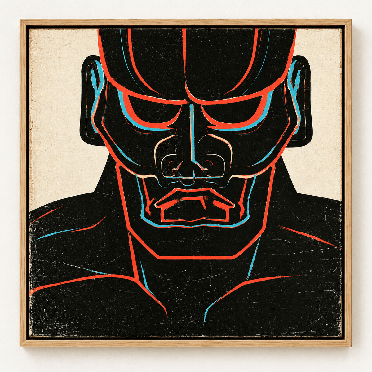 Cubist Wall Art – Crimson Sentinel black, red and cyan portrait by Rossetti Art