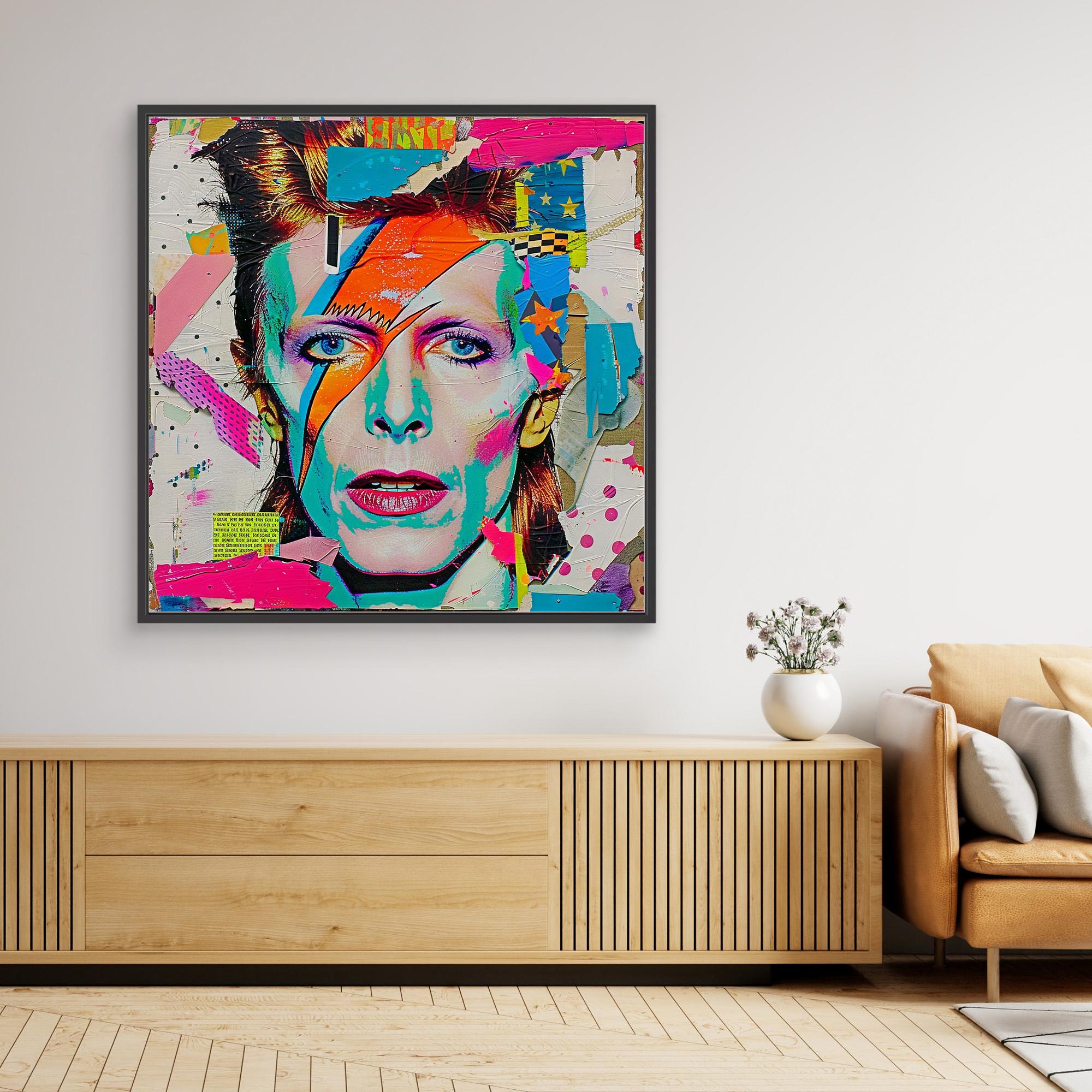 Canvas Print : David Bowie Print Vibrant - Pop Art Collage modern abstract canvas wall art by Rossetti Art – luxury interior design artwork for living room, bedroom, office – david bowie art david bowie artwork prints david bowie portraits