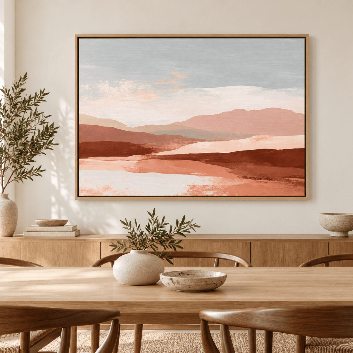 Terracotta desert landscape wall art Mesa Dawn above a wooden sideboard in a dining room