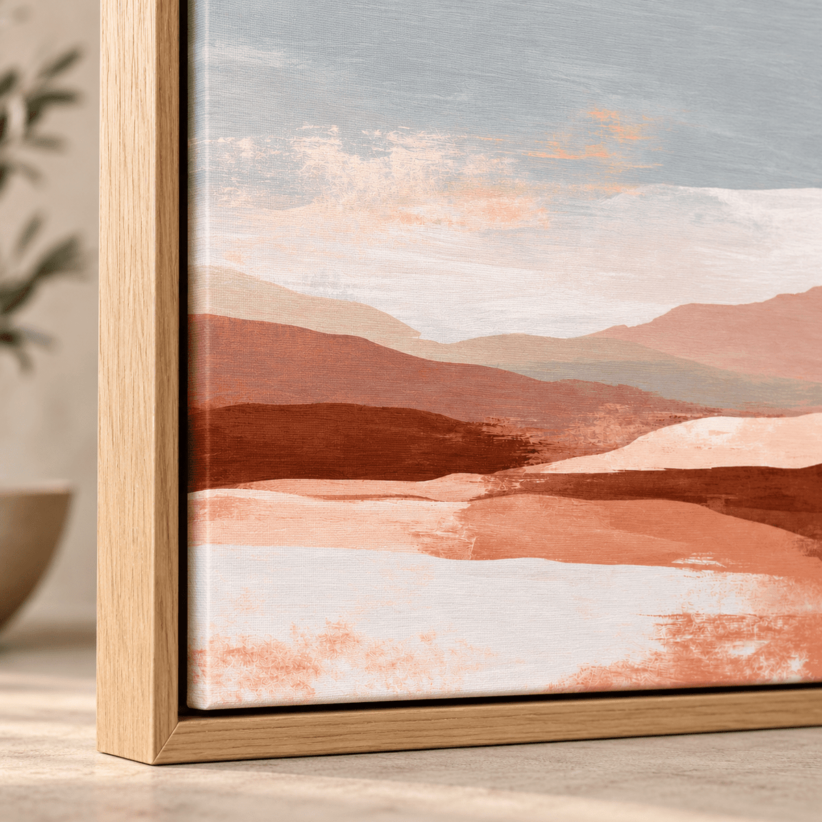 Close-up corner of the Mesa Dawn canvas print in a hardwood floater frame