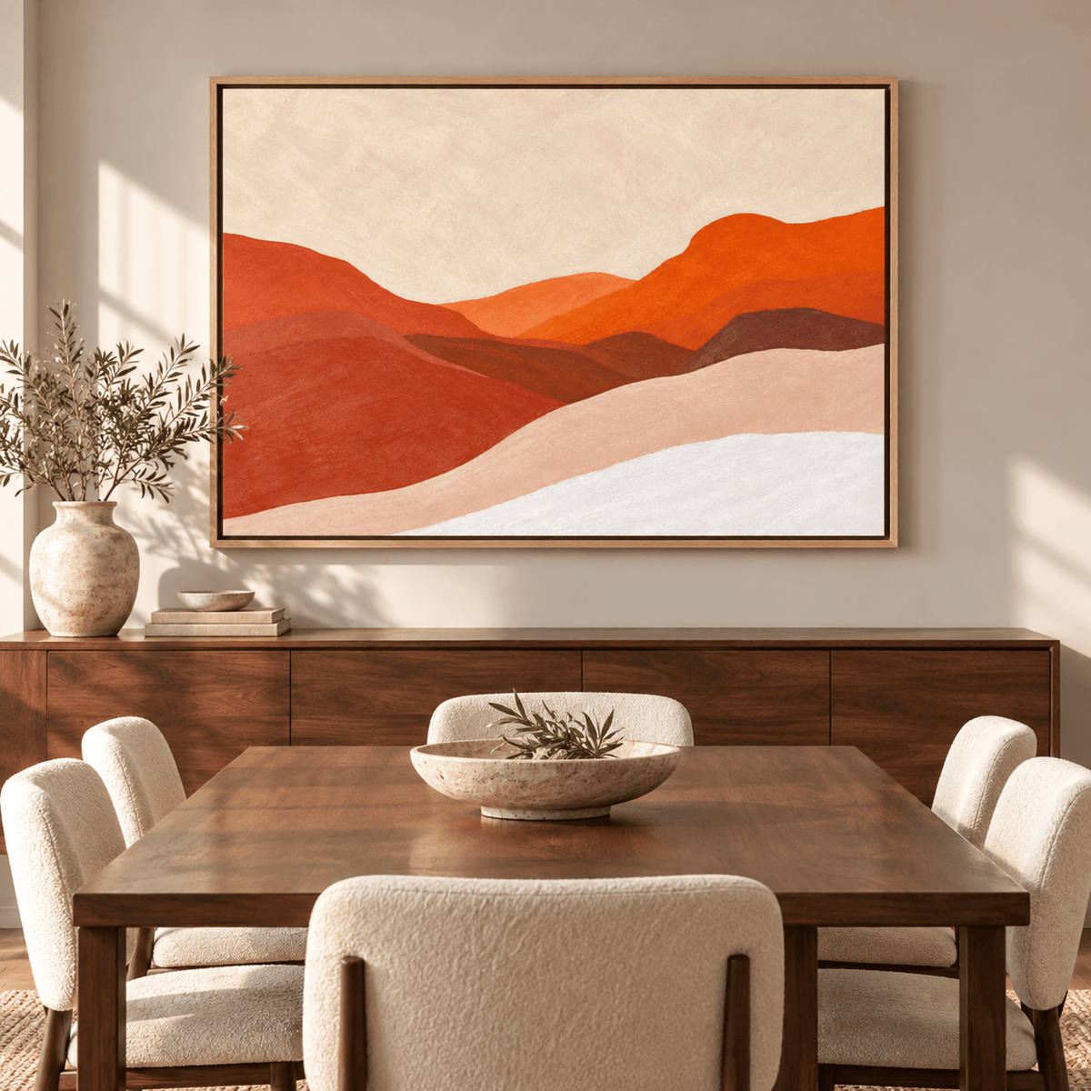 Desert Wall Art – Canyon Light canvas print by Rossetti Art above a wooden sideboard in a dining room