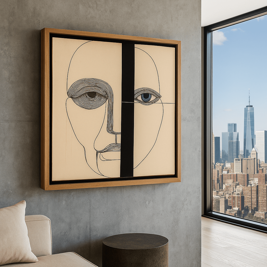 Canvas Print: Divided Gaze – Abstract Face Line Art Canvas with Blue Eye modern abstract canvas wall art by Rossetti Art – luxury interior design artwork for living room, bedroom, office – Abstract Line Art Contemporary Art for Sale Contemporary Canvas Art