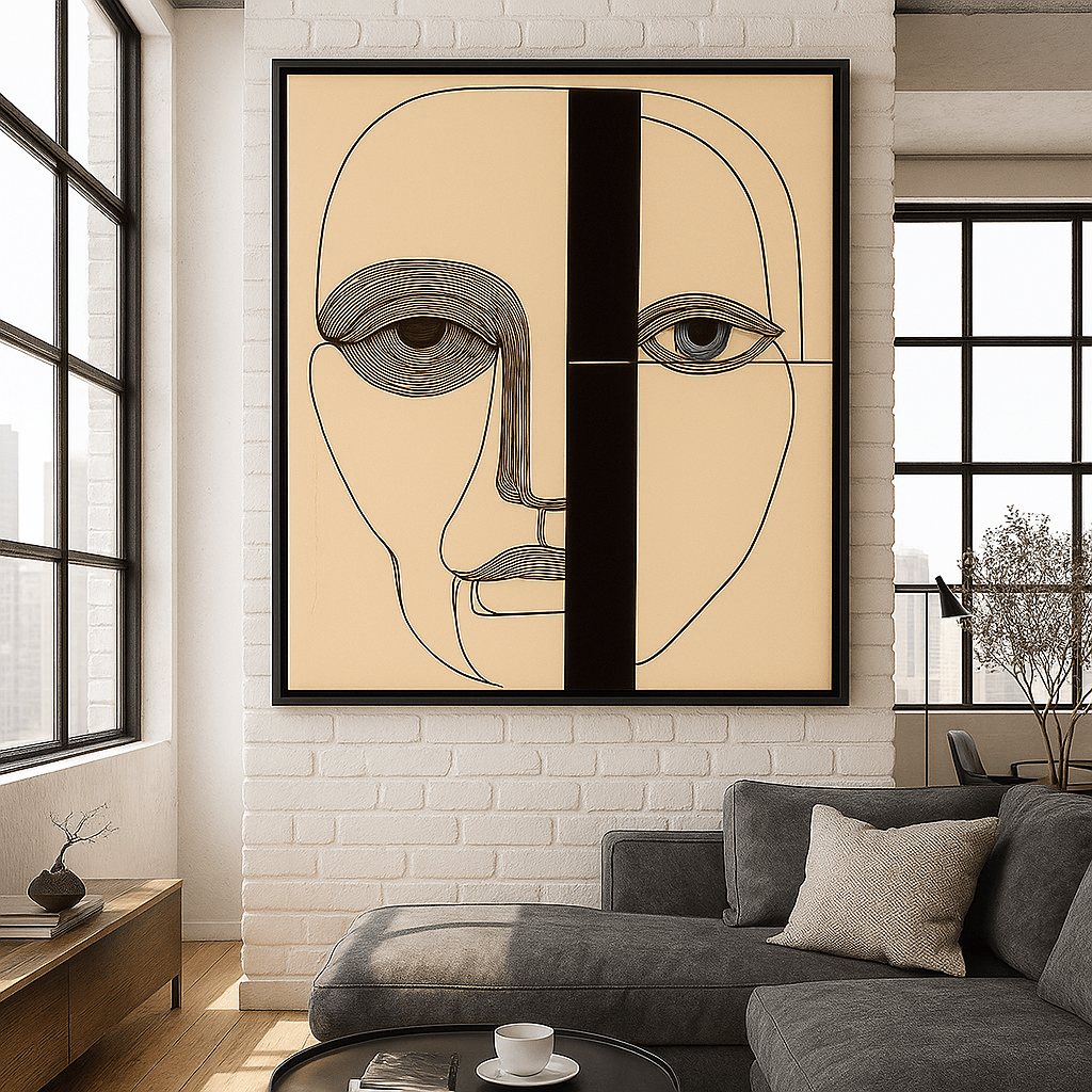 Canvas Print: Divided Gaze – Abstract Face Line Art Canvas with Blue Eye modern abstract canvas wall art by Rossetti Art – luxury interior design artwork for living room, bedroom, office – Abstract Line Art Contemporary Art for Sale Contemporary Canvas Art