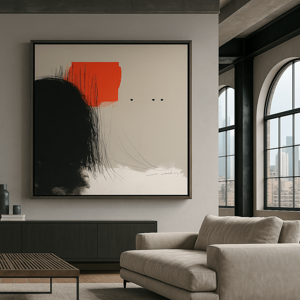 Canvas Print: Echoes of Silence – Modern Abstract Canvas Print in Black, Red & Ivory | Luxury Minimalist Wall Art by Chiara Rossetti modern abstract canvas wall art by Rossetti Art – luxury interior design artwork for living room, bedroom, office – abstract wall art canvas print art Chiara Rossetti
