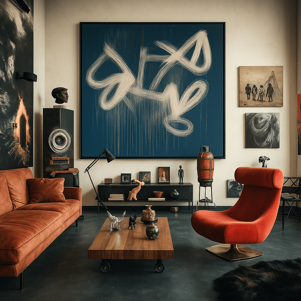 Canvas Print: Electric Blue Flow – Abstract Gesture Painting in White on Blue modern abstract canvas wall art by Rossetti Art – luxury interior design artwork for living room, bedroom, office – Contemporary Art for Sale contemporary art piece Contemporary art print