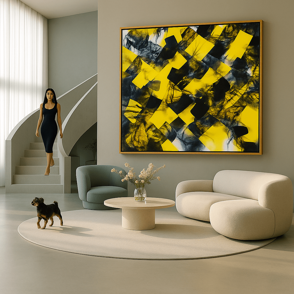 Canvas Print: Electric Contrast – Yellow & Black Abstract Art modern abstract canvas wall art by Rossetti Art – luxury interior design artwork for living room, bedroom, office – art for modern interiors black and yellow canvas Colorful Statement Wall Art
