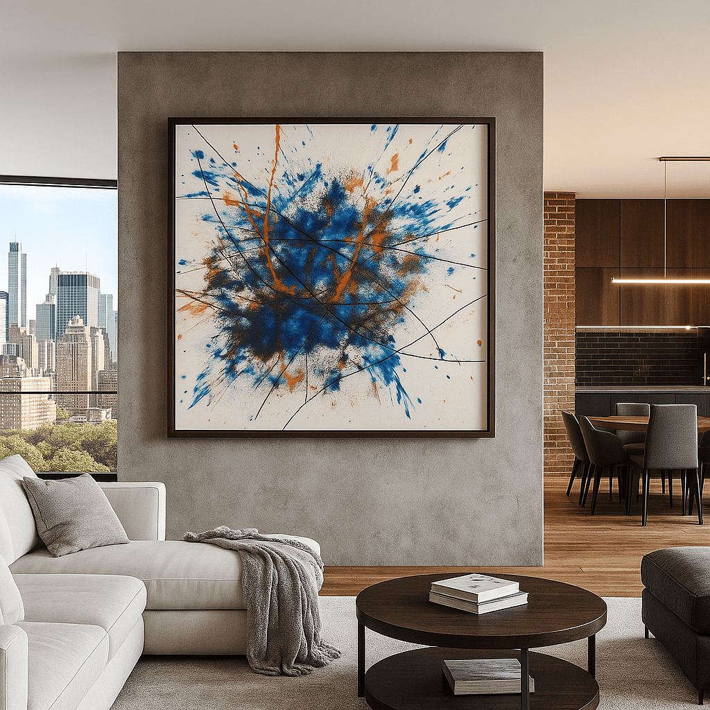 Canvas Print: Electric Motion – Abstract Expressionist Canvas Print in Blue & Orange modern abstract canvas wall art by Rossetti Art – luxury interior design artwork for living room, bedroom, office – abstract wall art canvas print art Chiara Rossetti