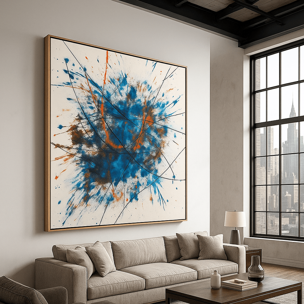 Canvas Print: Electric Motion – Abstract Expressionist Canvas Print in Blue & Orange modern abstract canvas wall art by Rossetti Art – luxury interior design artwork for living room, bedroom, office – abstract wall art canvas print art Chiara Rossetti