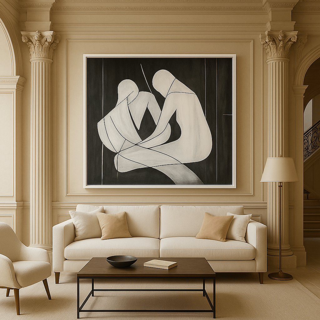 Canvas Print: Embrace in Lines - Minimalist Black and White Figurative Art modern abstract canvas wall art by Rossetti Art – luxury interior design artwork for living room, bedroom, office – Bold and Dynamic Artistic Home Accent Colorful Statement Wall Art Contemporary Grid Art
