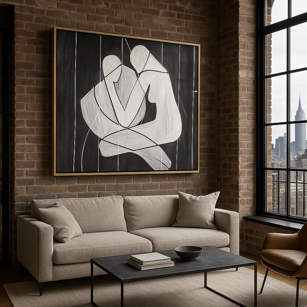 Canvas Print: Embrace in Lines - Minimalist Black and White Figurative Art modern abstract canvas wall art by Rossetti Art – luxury interior design artwork for living room, bedroom, office – Bold and Dynamic Artistic Home Accent Colorful Statement Wall Art Contemporary Grid Art