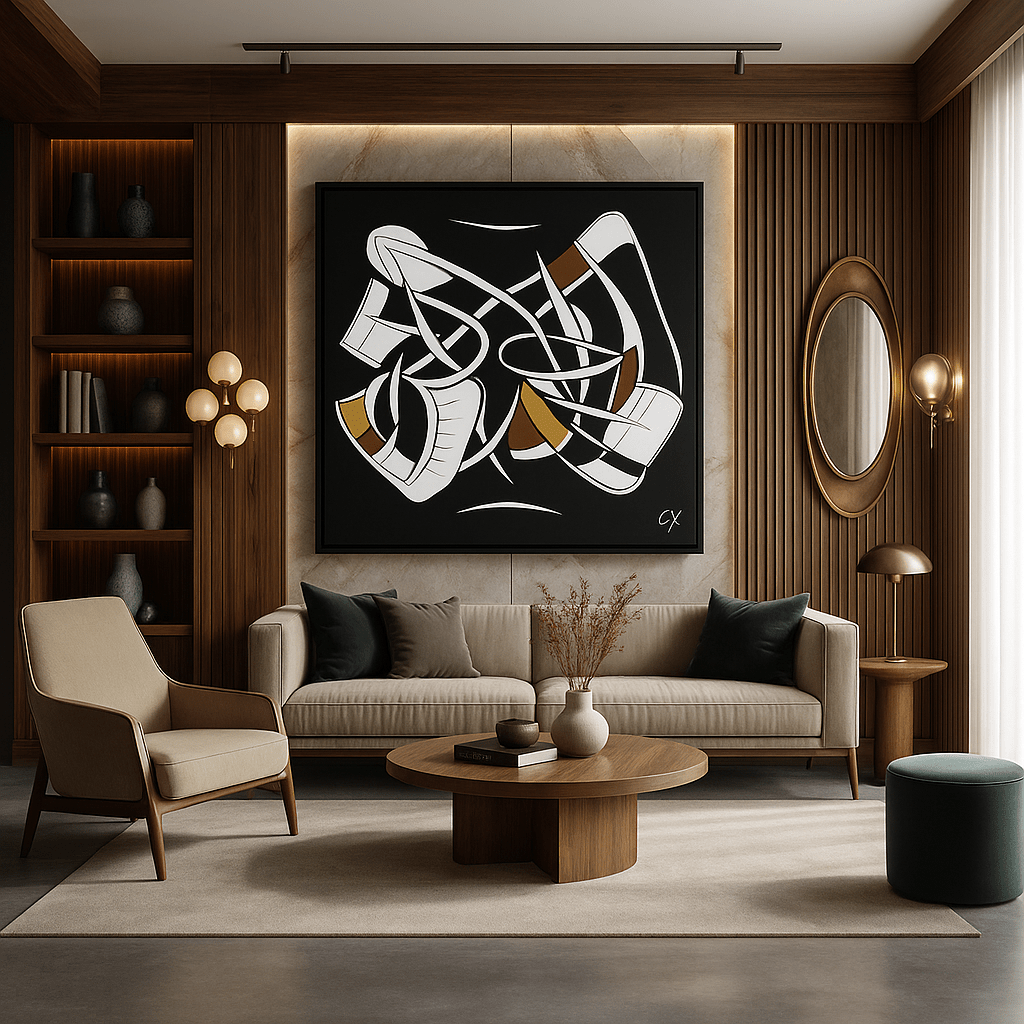 Canvas Print: Entangled Motion – Abstract Black, White & Gold Wall Art modern abstract canvas wall art by Rossetti Art – luxury interior design artwork for living room, bedroom, office – Bold and Dynamic Artistic Home Accent Colorful Statement Wall Art Contemporary Grid Art