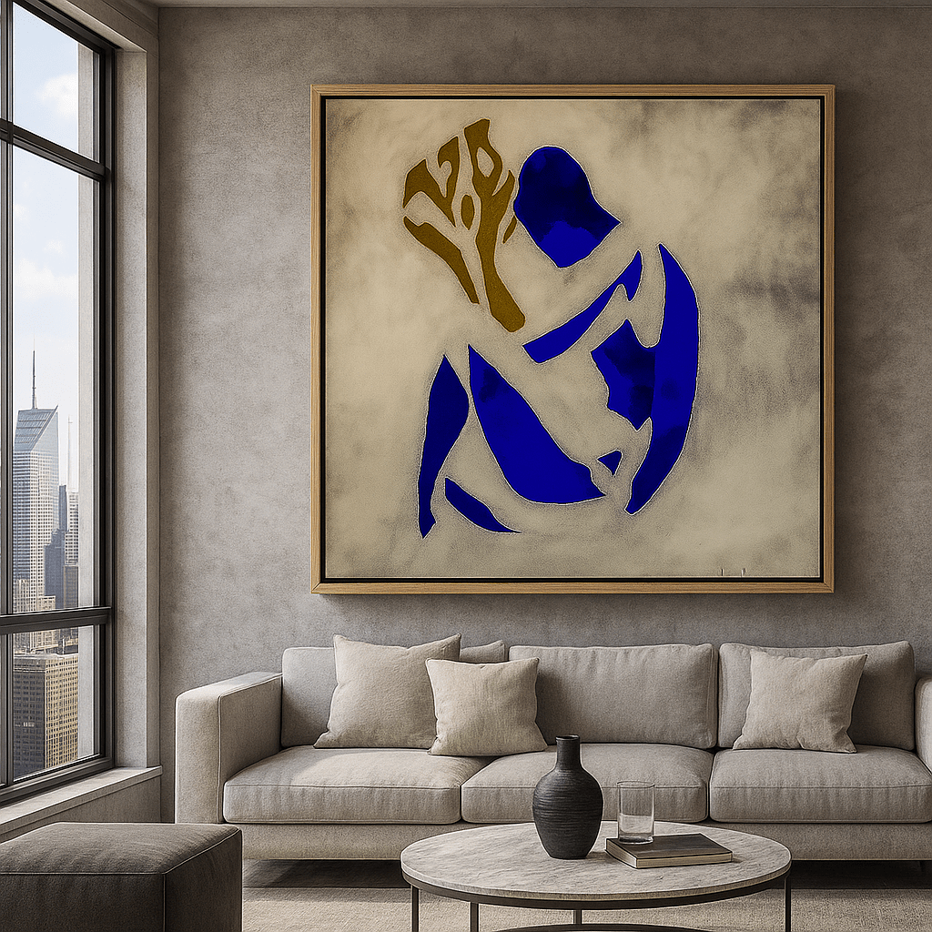 Canvas Print : Eternal Roots – Abstract Tree & Figure Canvas Wall Art modern abstract canvas wall art by Rossetti Art – luxury interior design artwork for living room, bedroom, office – Abstract art print Abstract tree and figure canvas print in cobalt blue and gold. Minimalist modern wall art with symbolic depth for luxury living rooms and offices. Contemporary Art for Sale