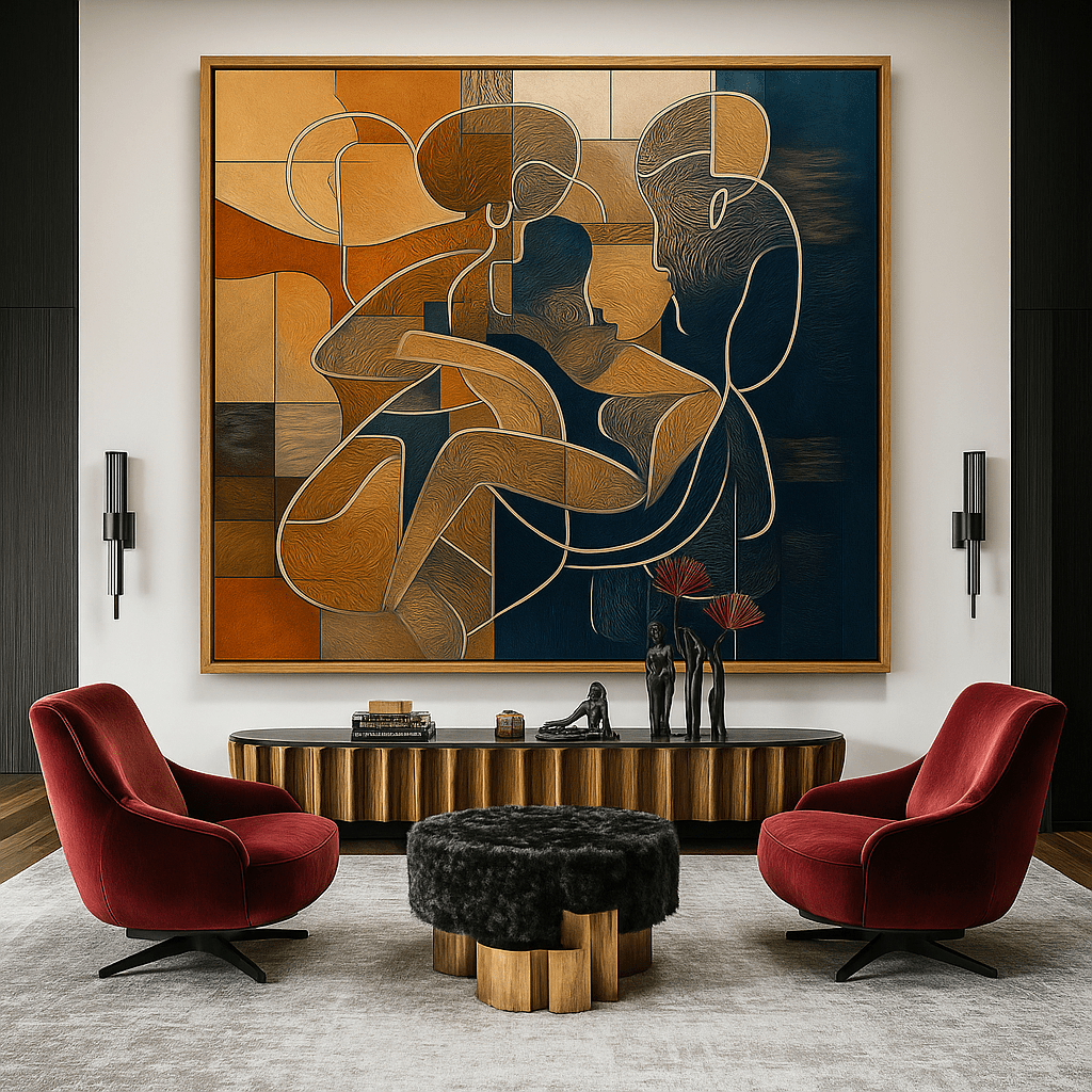 Canvas Print: "Ethereal Connection" - Modern Abstract Love Art modern abstract canvas wall art by Rossetti Art – luxury interior design artwork for living room, bedroom, office – Abstract Love Canvas Art Gold and Navy Romantic Painting Modern Couple Wall Art