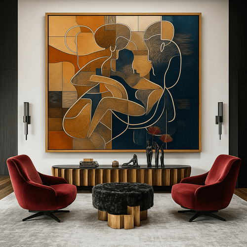 Canvas Print: "Ethereal Connection" - Modern Abstract Love Art modern abstract canvas wall art by Rossetti Art – luxury interior design artwork for living room, bedroom, office – Abstract Love Canvas Art Gold and Navy Romantic Painting Modern Couple Wall Art