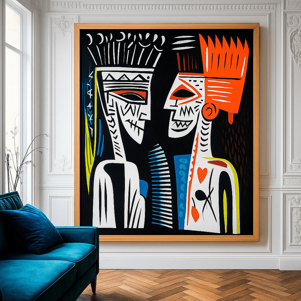 Canvas Print : Faces of Fire & Rhythm - Colorful Tribal Art modern abstract canvas wall art by Rossetti Art – luxury interior design artwork for living room, bedroom, office – abstract graphic portrait afro pop wall art bold geometric decor