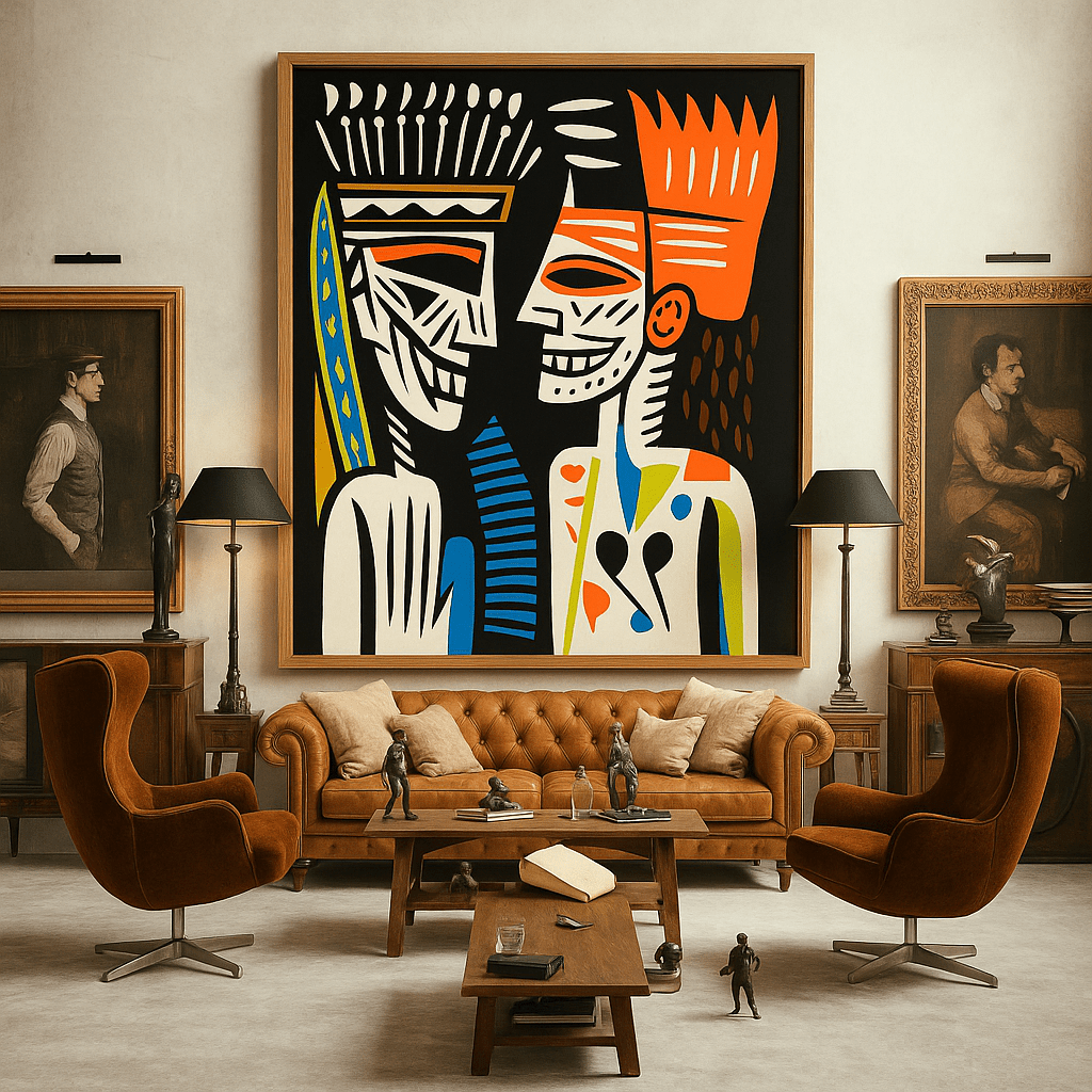 Canvas Print : Faces of Fire & Rhythm - Colorful Tribal Art modern abstract canvas wall art by Rossetti Art – luxury interior design artwork for living room, bedroom, office – abstract graphic portrait afro pop wall art bold geometric decor