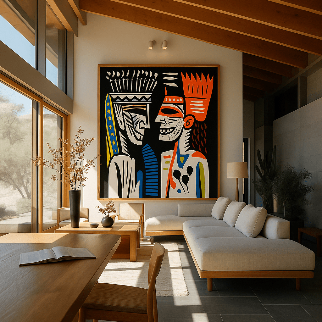 Canvas Print : Faces of Fire & Rhythm - Colorful Tribal Art modern abstract canvas wall art by Rossetti Art – luxury interior design artwork for living room, bedroom, office – abstract graphic portrait afro pop wall art bold geometric decor