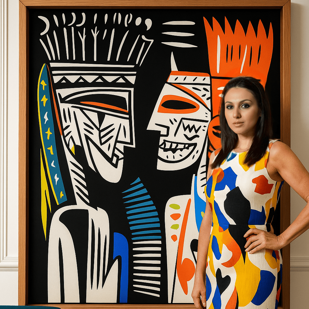 Canvas Print : Faces of Fire & Rhythm - Colorful Tribal Art modern abstract canvas wall art by Rossetti Art – luxury interior design artwork for living room, bedroom, office – abstract graphic portrait afro pop wall art bold geometric decor