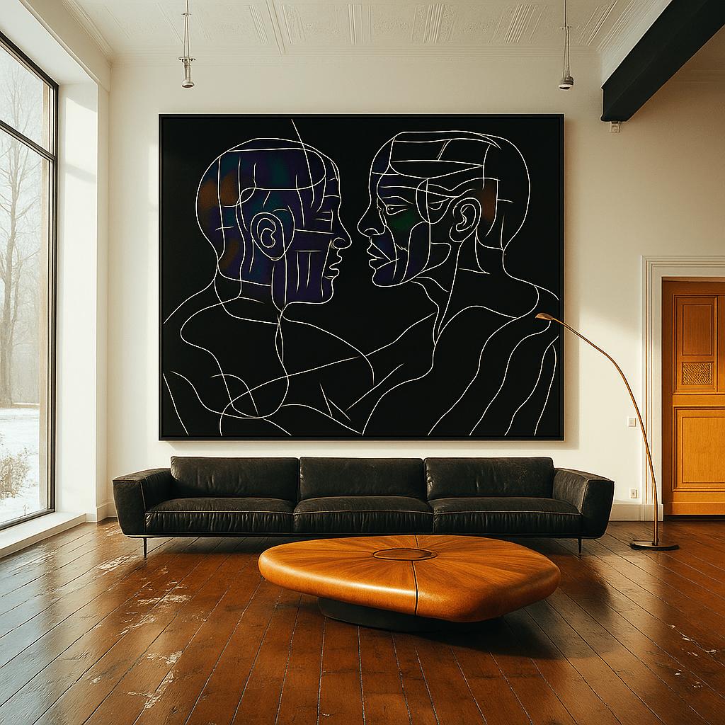Canvas Print: Facing Souls - Abstract Line Art on Black Background modern abstract canvas wall art by Rossetti Art – luxury interior design artwork for living room, bedroom, office – contemporary art piece Contemporary Canvas Art Contemporary canvas print