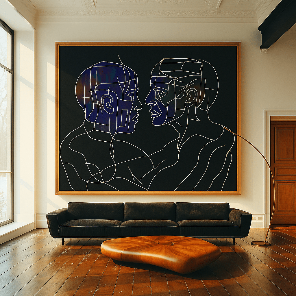 Canvas Print: Facing Souls - Abstract Line Art on Black Background modern abstract canvas wall art by Rossetti Art – luxury interior design artwork for living room, bedroom, office – contemporary art piece Contemporary Canvas Art Contemporary canvas print