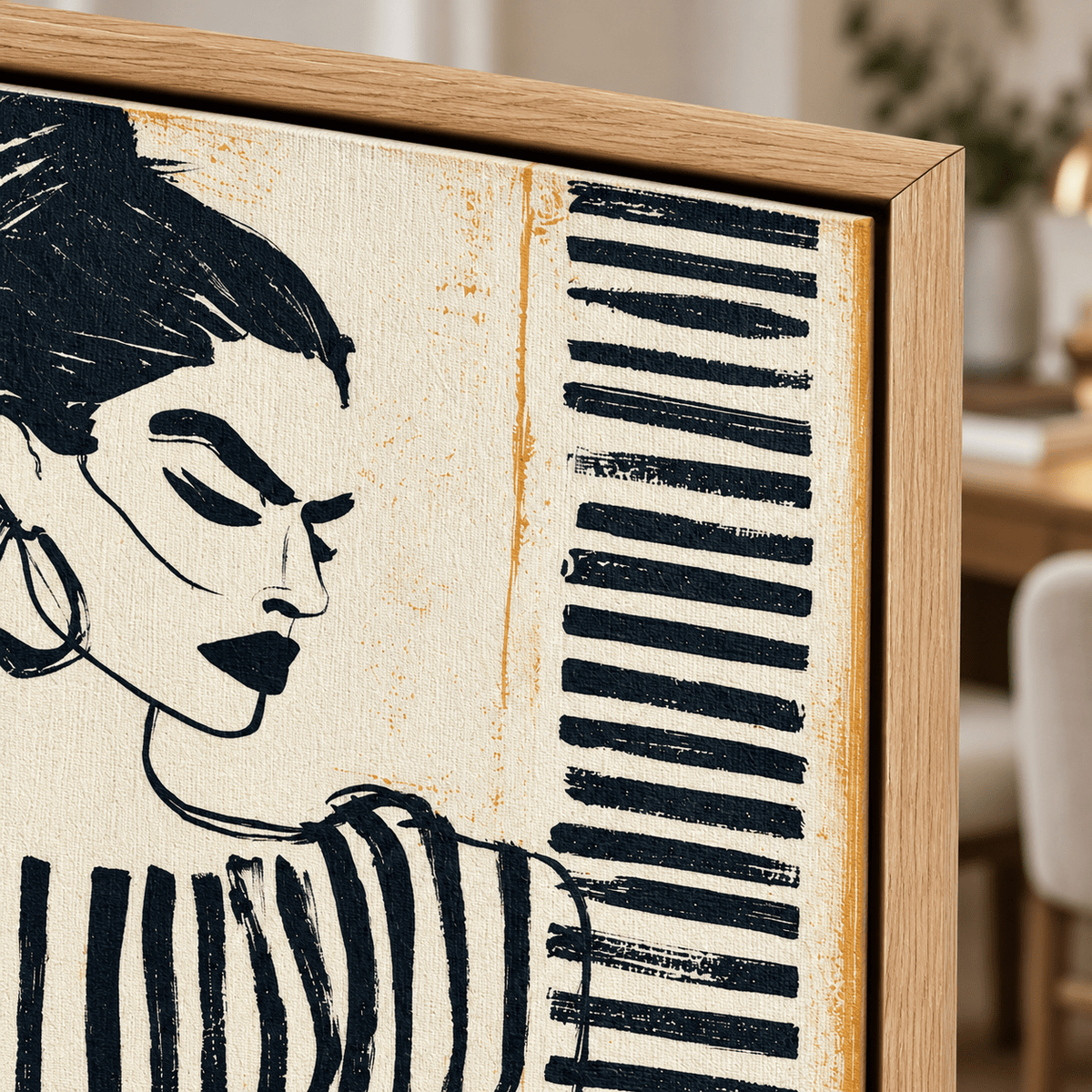 Feminine Wall Art – Striped Resolve by Rossetti Art, close-up of the face, brush texture and corner detail