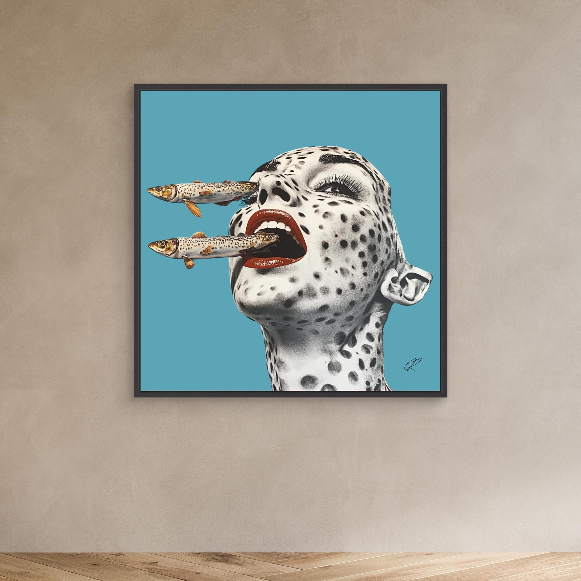 Canvas Print: Feral Instincts – Surreal Fish Art modern abstract canvas wall art by Rossetti Art – luxury interior design artwork for living room, bedroom, office – Contemporary Portrait Cyan Wall Decor Fish Wall Print