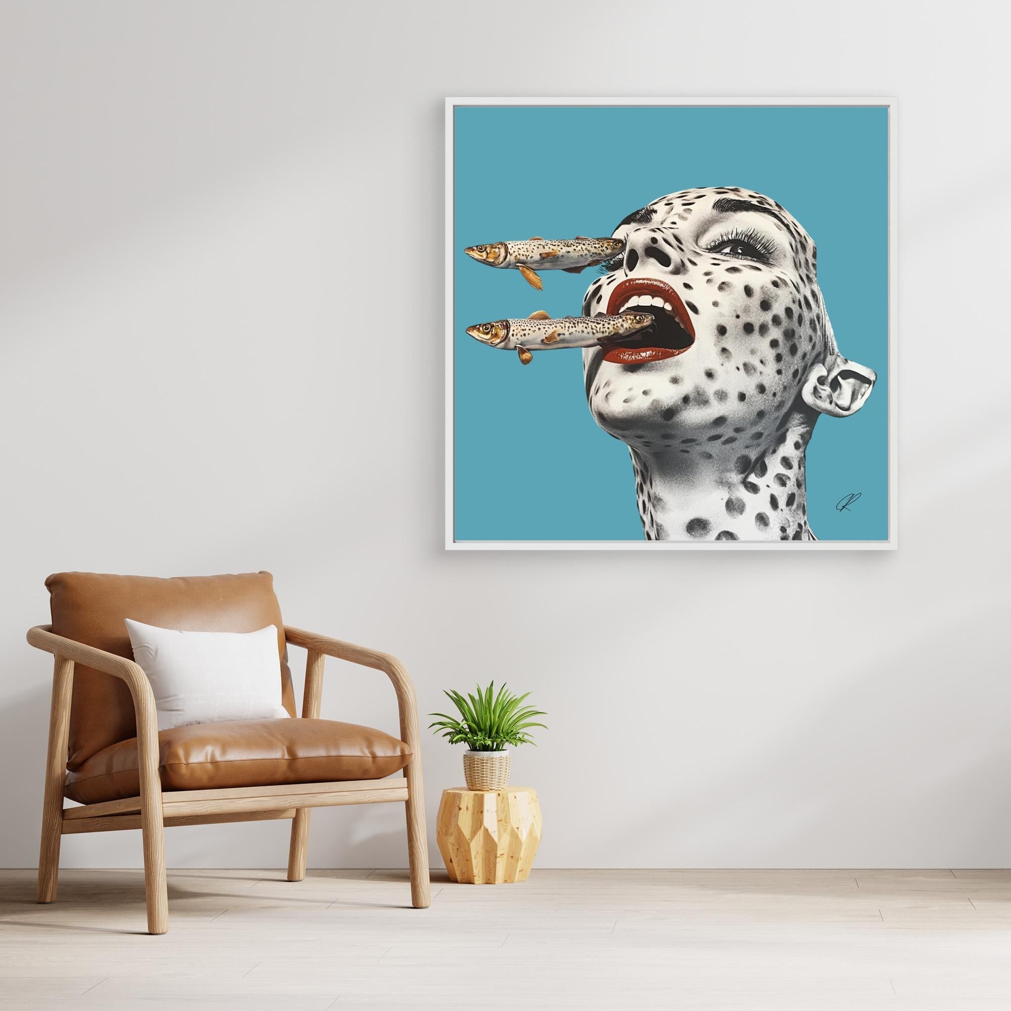 Canvas Print: Feral Instincts – Surreal Fish Art modern abstract canvas wall art by Rossetti Art – luxury interior design artwork for living room, bedroom, office – Contemporary Portrait Cyan Wall Decor Fish Wall Print