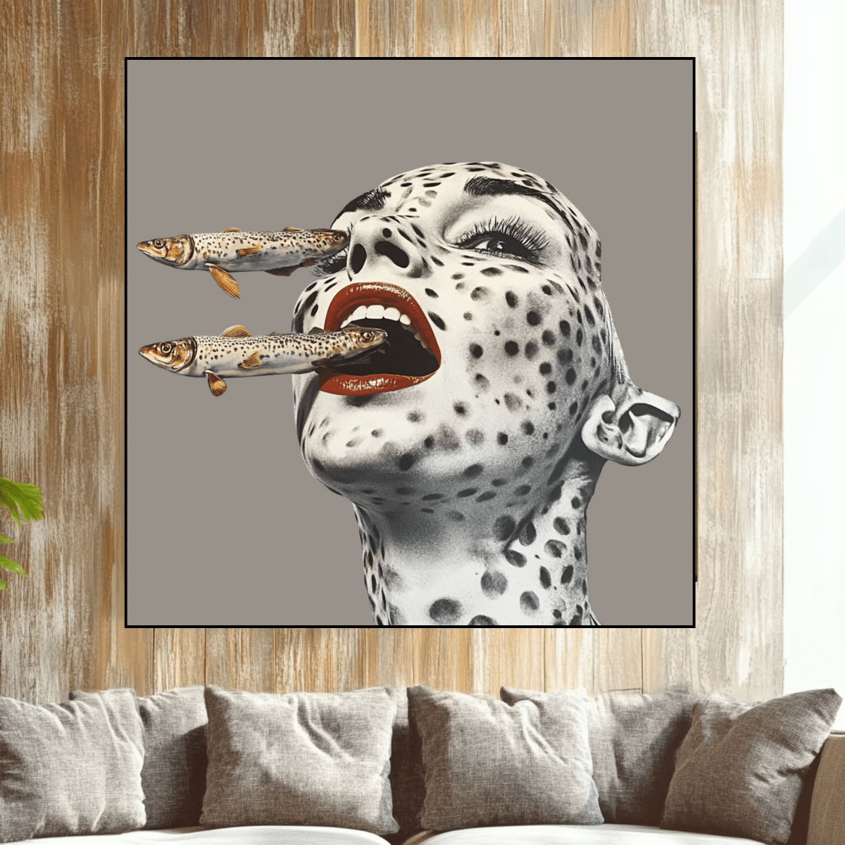 Canvas Print: Feral Instincts – Surreal Fish Art modern abstract canvas wall art by Rossetti Art – luxury interior design artwork for living room, bedroom, office – Contemporary Portrait Cyan Wall Decor Fish Wall Print