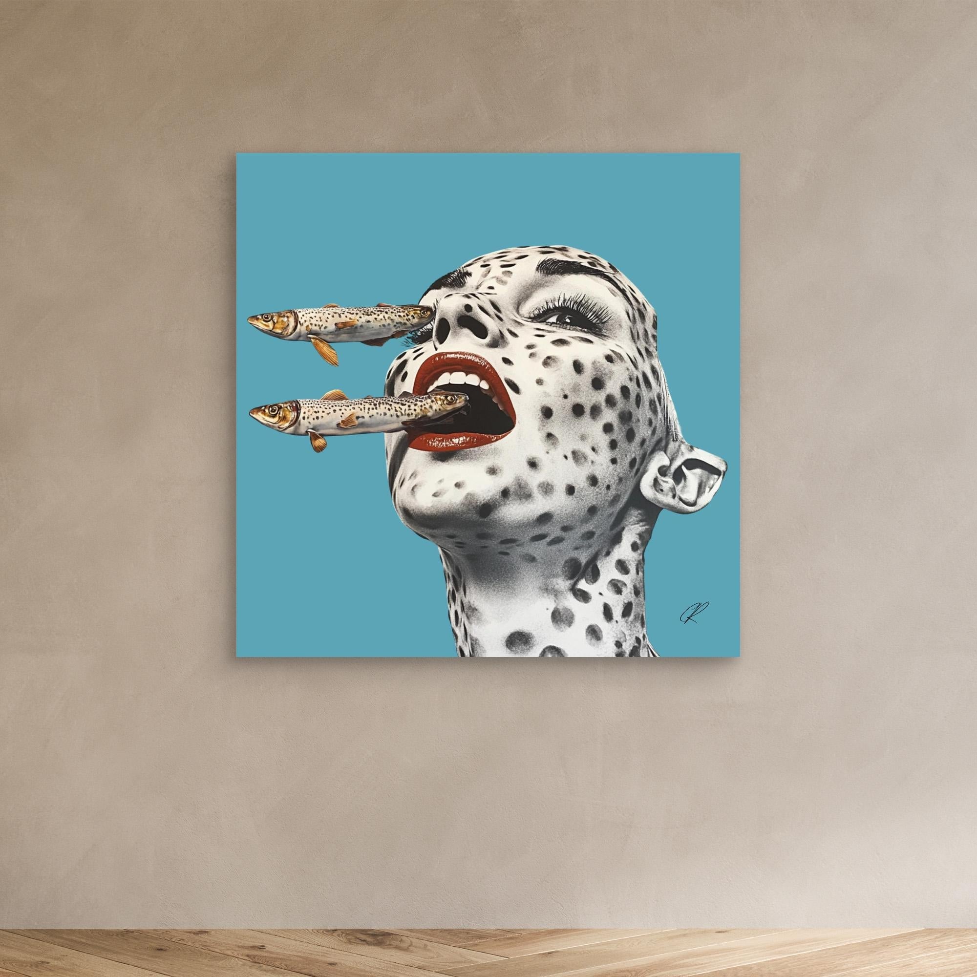 Canvas Print: Feral Instincts – Surreal Fish Art modern abstract canvas wall art by Rossetti Art – luxury interior design artwork for living room, bedroom, office – Contemporary Portrait Cyan Wall Decor Fish Wall Print