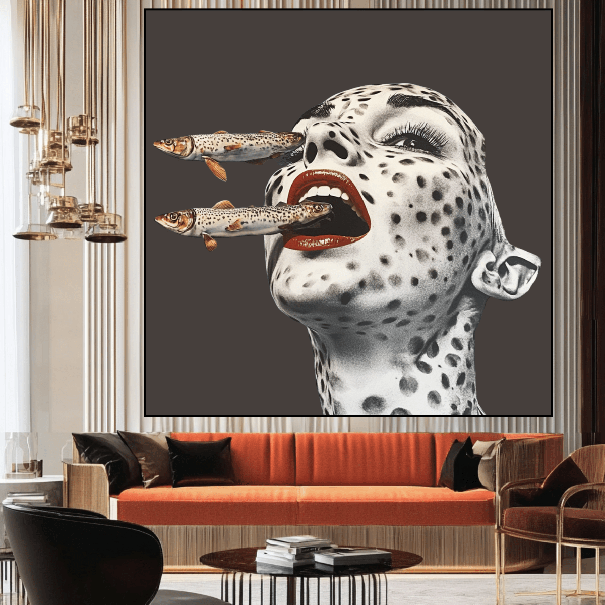 Canvas Print: Feral Instincts – Surreal Fish Art modern abstract canvas wall art by Rossetti Art – luxury interior design artwork for living room, bedroom, office – Contemporary Portrait Cyan Wall Decor Fish Wall Print
