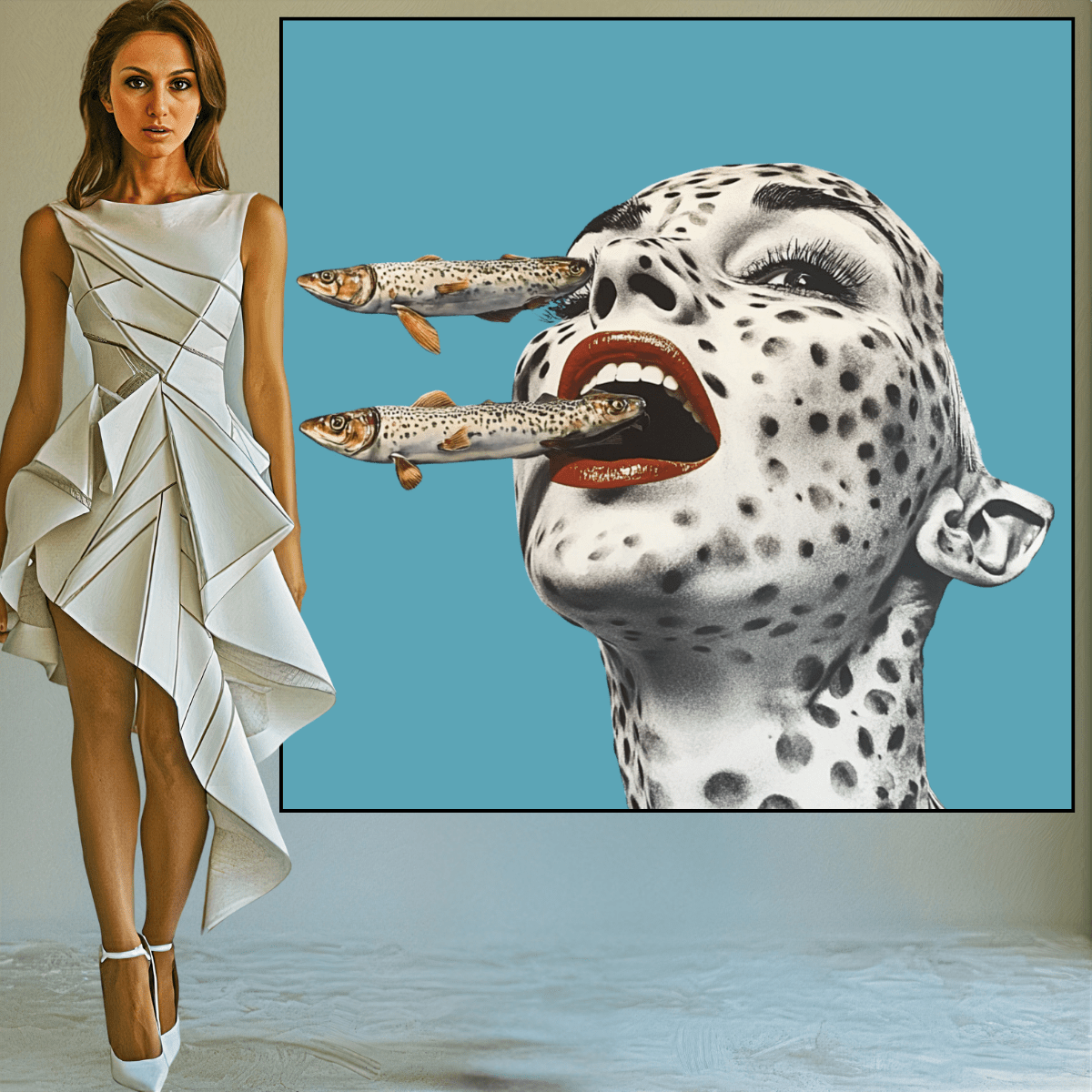 Canvas Print: Feral Instincts – Surreal Fish Art modern abstract canvas wall art by Rossetti Art – luxury interior design artwork for living room, bedroom, office – Contemporary Portrait Cyan Wall Decor Fish Wall Print
