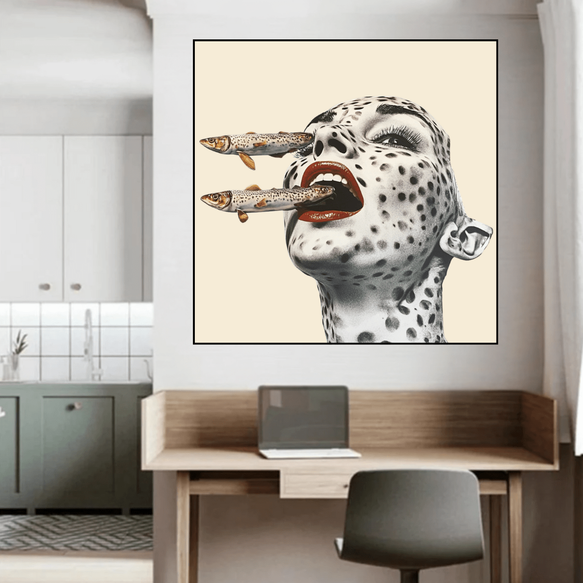 Canvas Print: Feral Instincts – Surreal Fish Art modern abstract canvas wall art by Rossetti Art – luxury interior design artwork for living room, bedroom, office – Contemporary Portrait Cyan Wall Decor Fish Wall Print