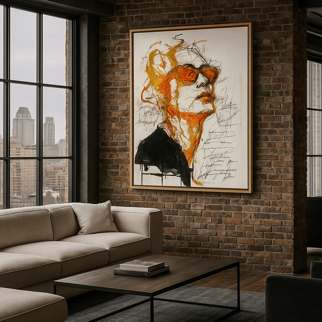 Canvas Print : Fire in Silence - Abstract Expressive Portrait Canvas Print modern abstract canvas wall art by Rossetti Art – luxury interior design artwork for living room, bedroom, office – large abstract art large canvas artwork large geometric wall art for living room