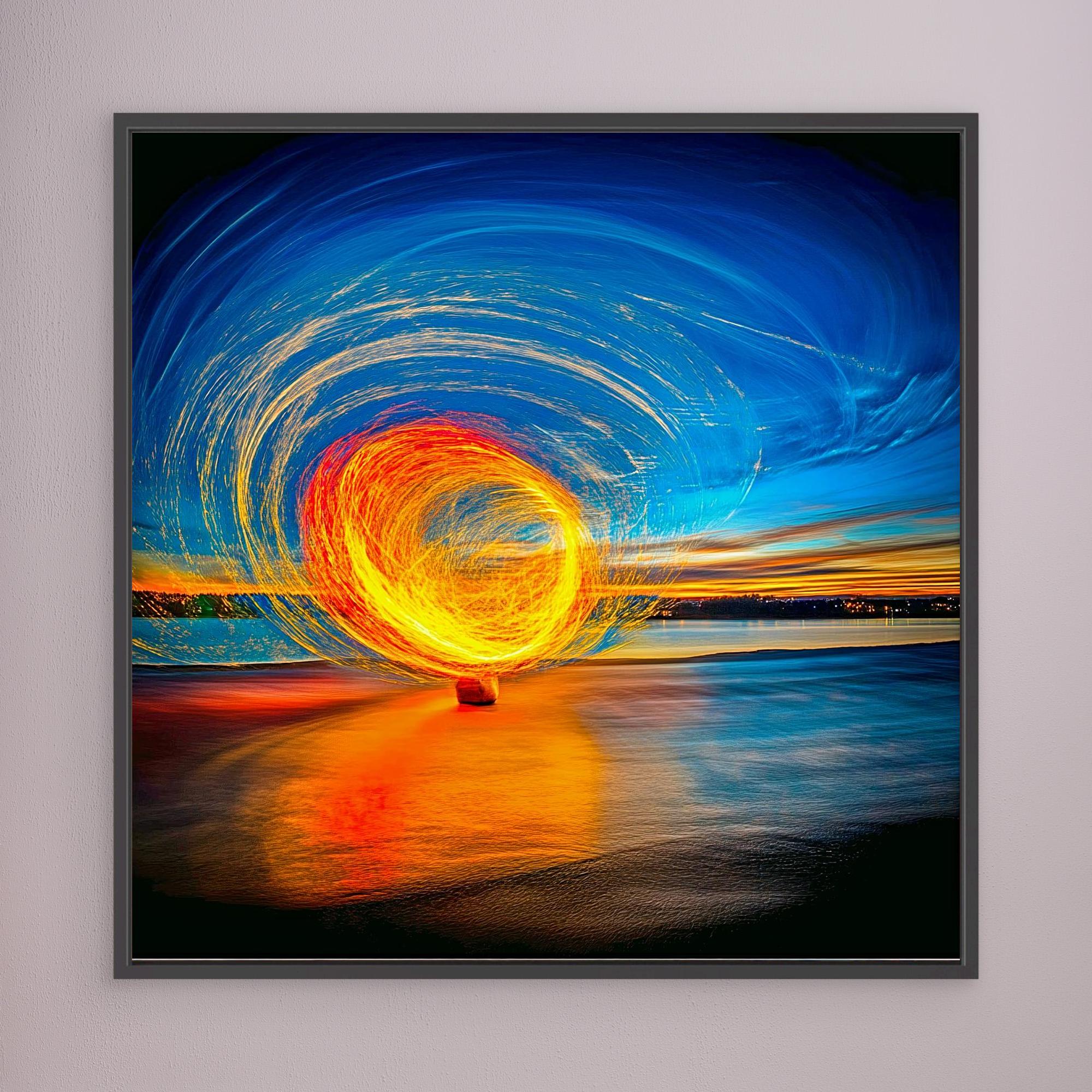 Canvas Print: Fire & Sky Swirl - Abstract Light Art modern abstract canvas wall art by Rossetti Art – luxury interior design artwork for living room, bedroom, office – Abstract Light Art Contemporary Art for Sale Golden Spiral Art