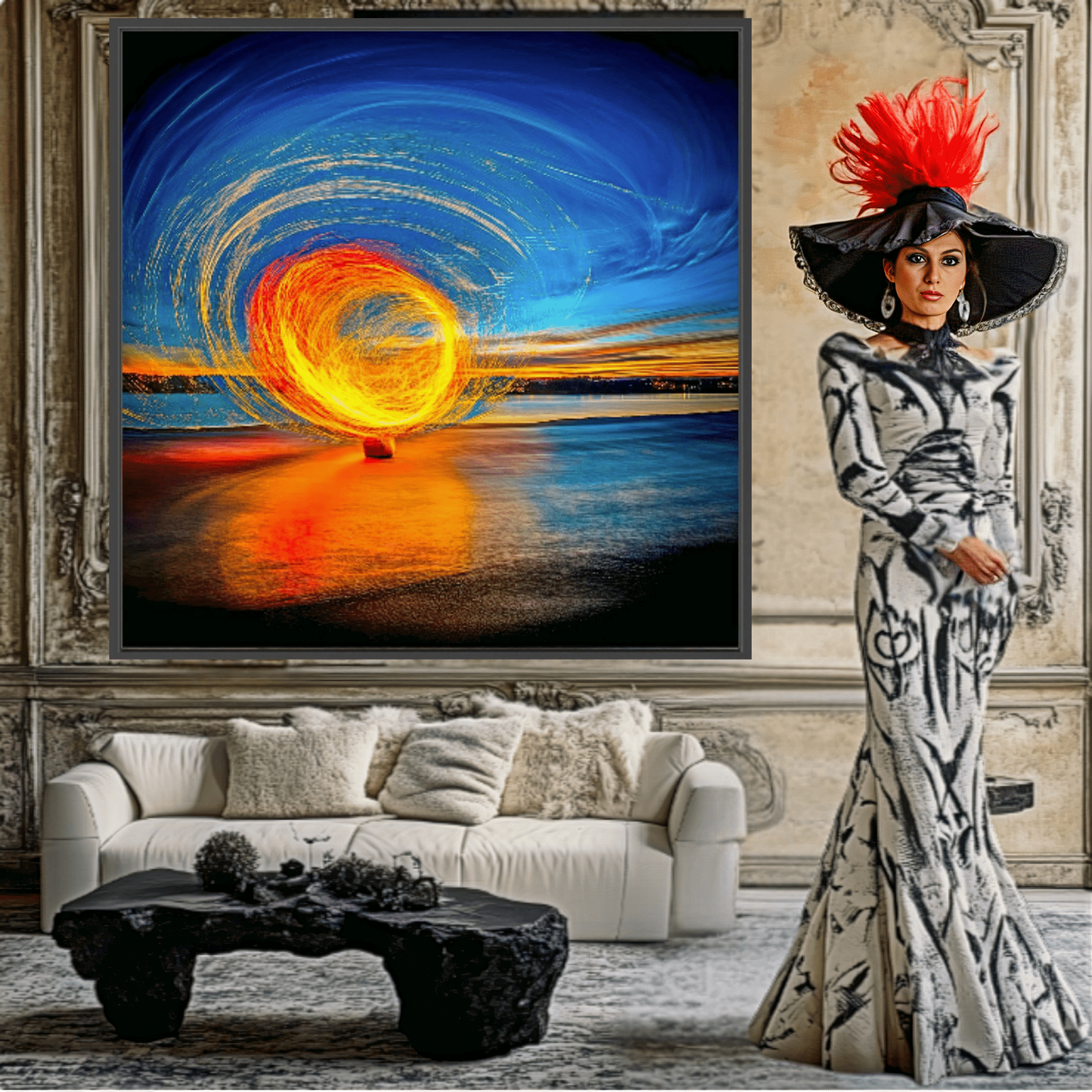 Canvas Print: Fire & Sky Swirl - Abstract Light Art modern abstract canvas wall art by Rossetti Art – luxury interior design artwork for living room, bedroom, office – Abstract Light Art Contemporary Art for Sale Golden Spiral Art
