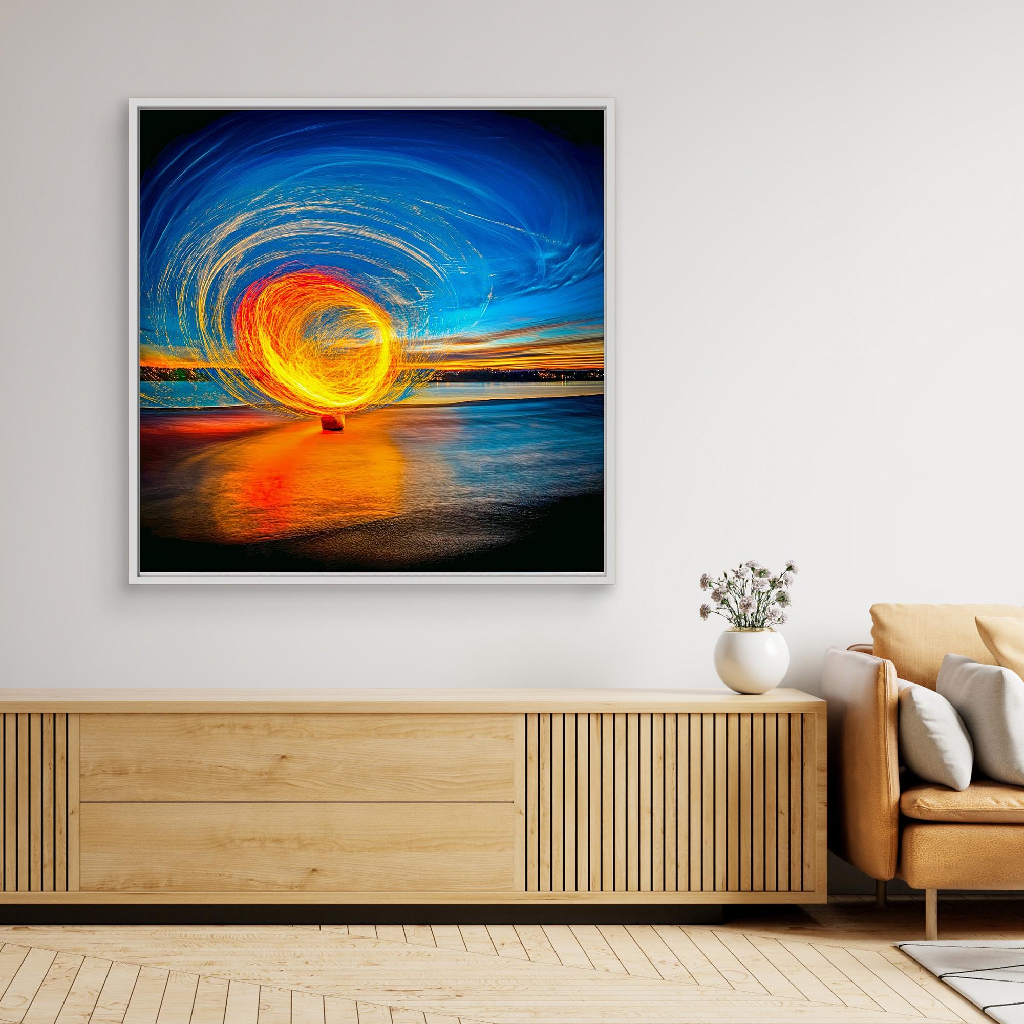 Canvas Print: Fire & Sky Swirl - Abstract Light Art modern abstract canvas wall art by Rossetti Art – luxury interior design artwork for living room, bedroom, office – Abstract Light Art Contemporary Art for Sale Golden Spiral Art